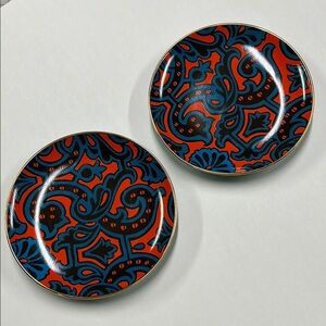 TRACY REESE 18k Gold Rim 7" 2 Dessert/Salad Neiman Marcus Damask Red/Blue Plates